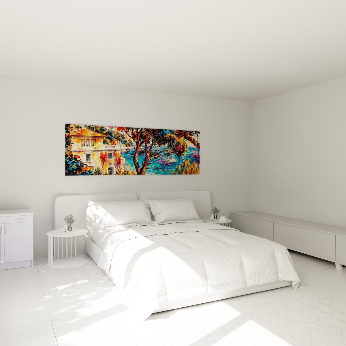 Façade ocre et mer turquoise peintes avec éclaboussures, au-dessus d'un lit dans une chambre claire