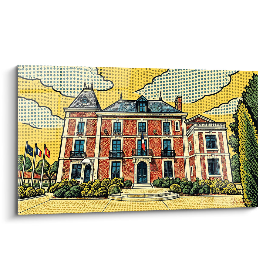 Tableau Mairie en briques rouges et ciel jaune - Majesté municipale - Edition Beaumont Auvergne-Rhône-Alpes France