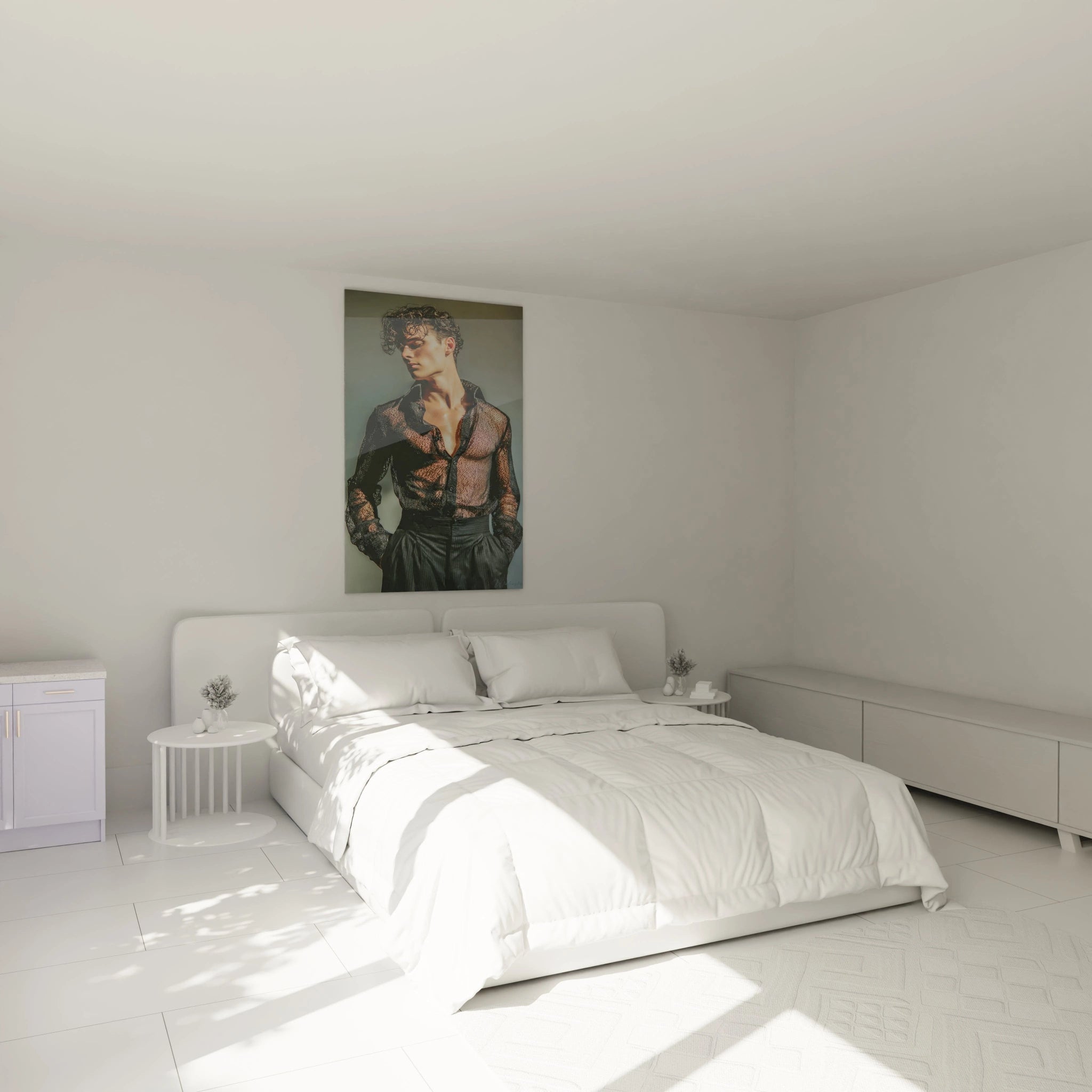 Tableau beauté masculine de Walensky accroché dans une chambre lumineuse avec un lit moderne