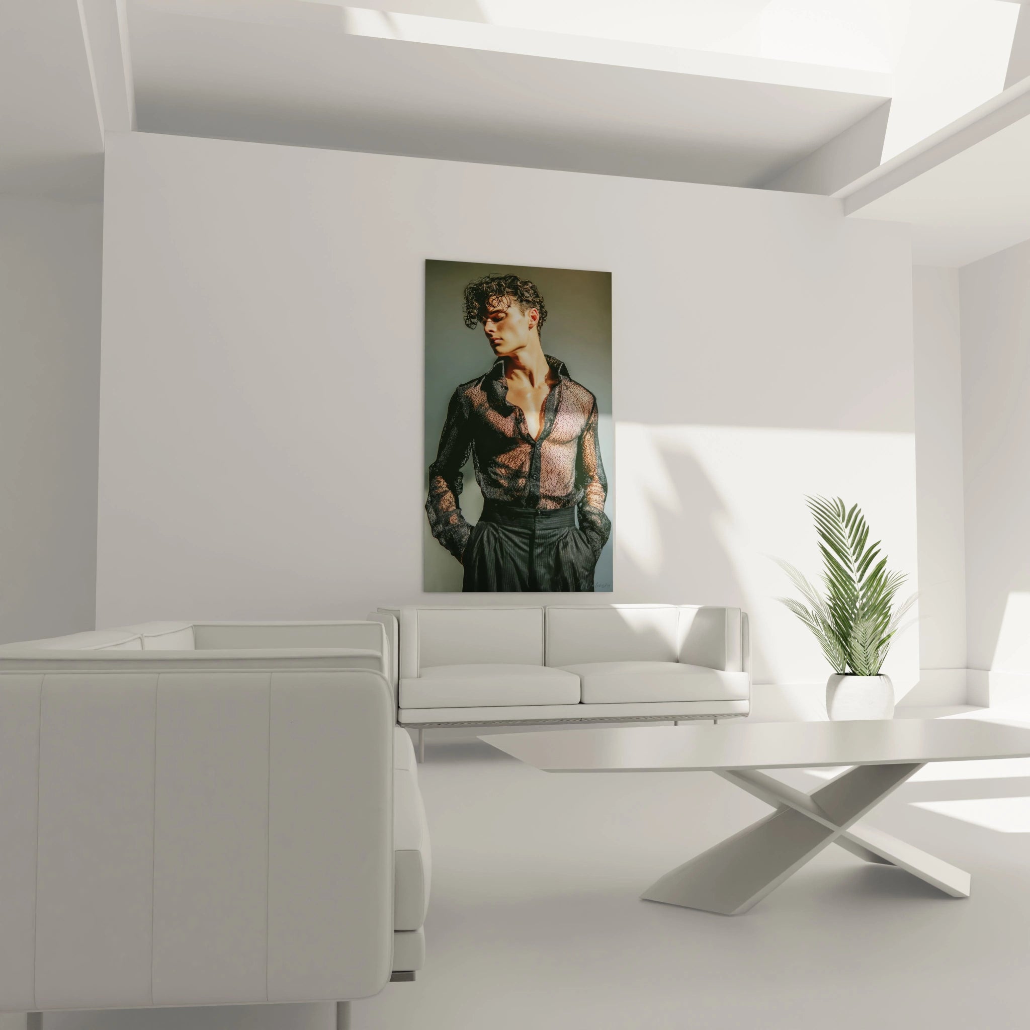 Tableau beauté masculine de Walensky représentant un homme en chemise transparente dans un salon moderne