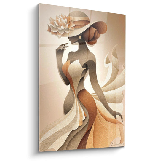 Wandgemälde Frau 1920er Jahre in Beige- und Brauntönen, inspiriert von Art-Déco-Stilen