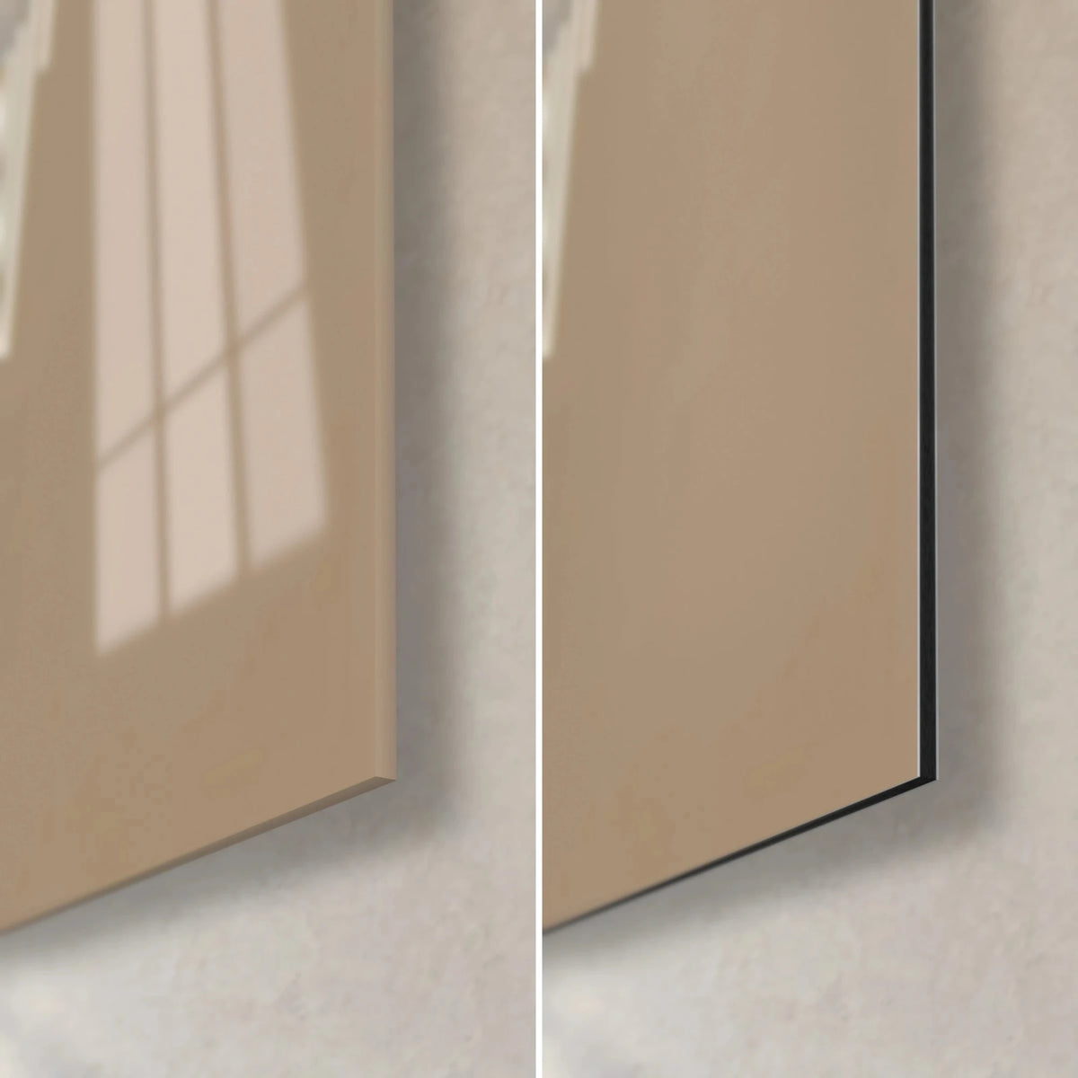 Gemälde afrikanisches Porträt auf taupefarbenem Grund, untere rechte Ecke: glänzendes Acrylglas mit Reflexen, mattschwarzes Dibond-Alu, 3 mm Kante