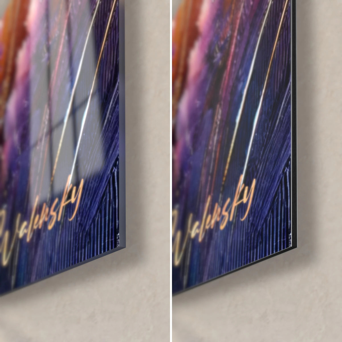 Tableau plage au crépuscule, coin bas droit : verre acrylique brillant et reflets à gauche, alu Dibond mat violet à droite, tranche de 3 mm