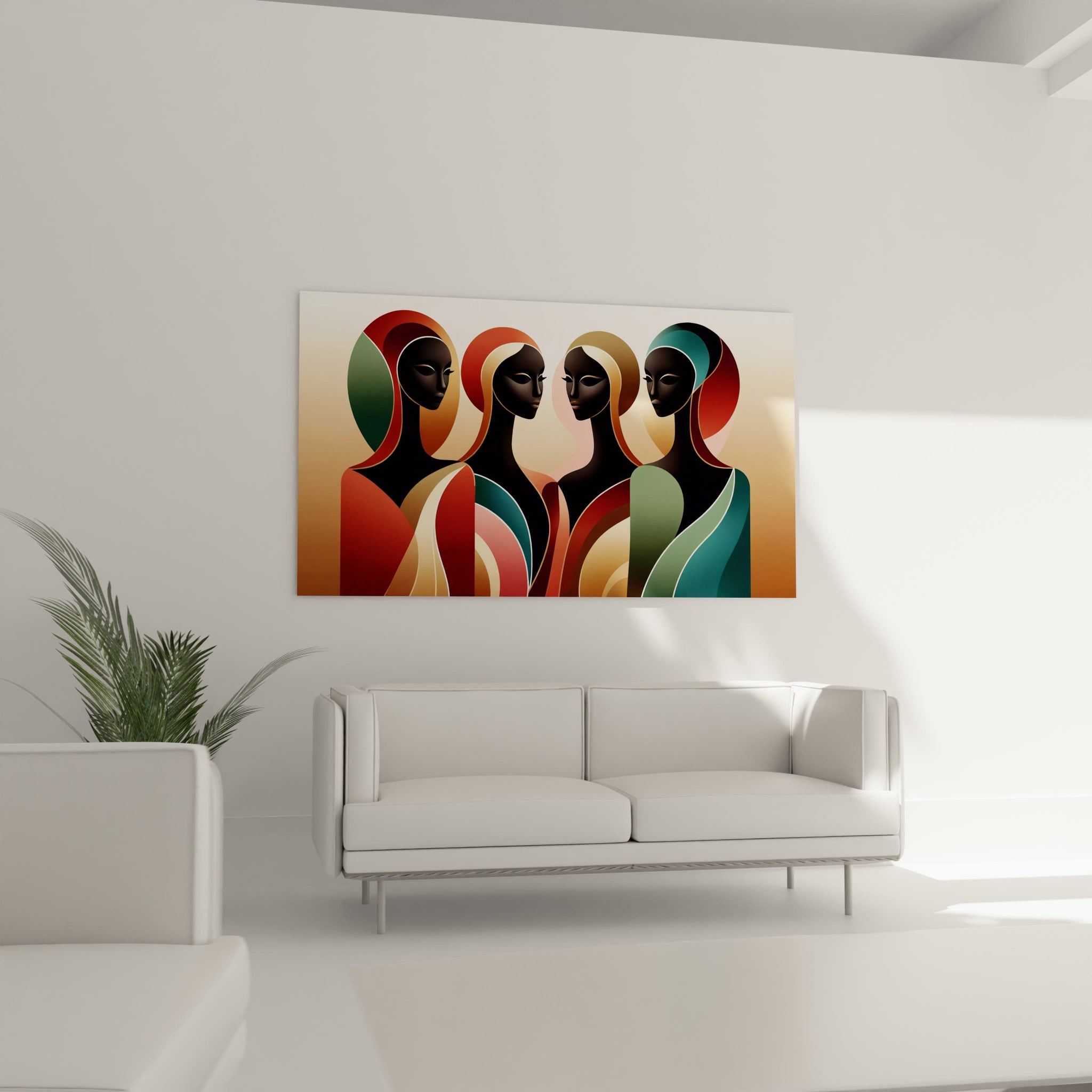 Dans le salon, au-dessus du canapé, ce tableau africain capte l’attention avec ses formes minimalistes et ses couleurs vibrantes. L'harmonie des arcs met en valeur la dignité des femmes africaines.

