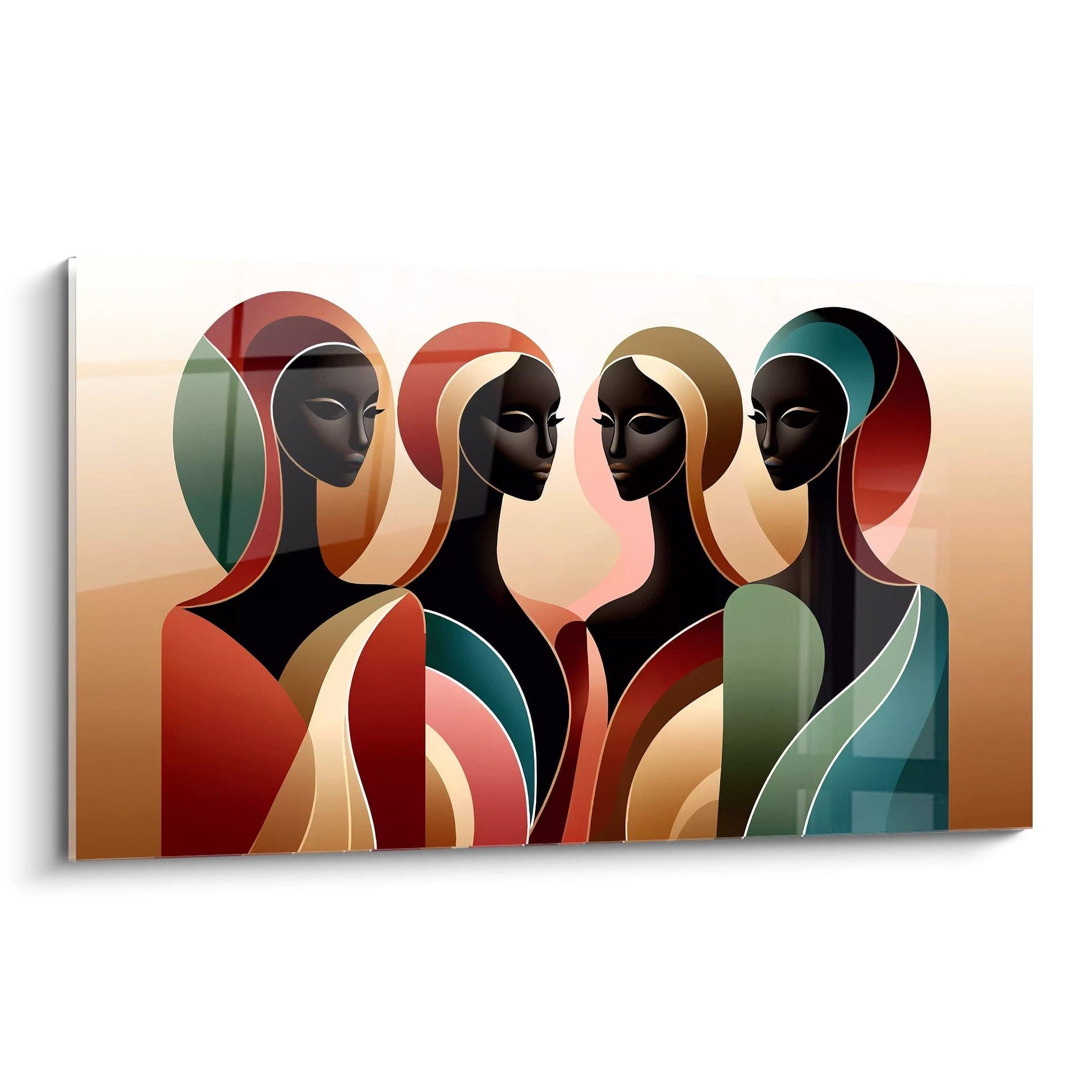 Le tableau africain vu de biais révèle la fluidité des formes et des couleurs vibrantes. Les arcs marron, rouge et vert entourent des silhouettes féminines, symbolisant force et élégance.

