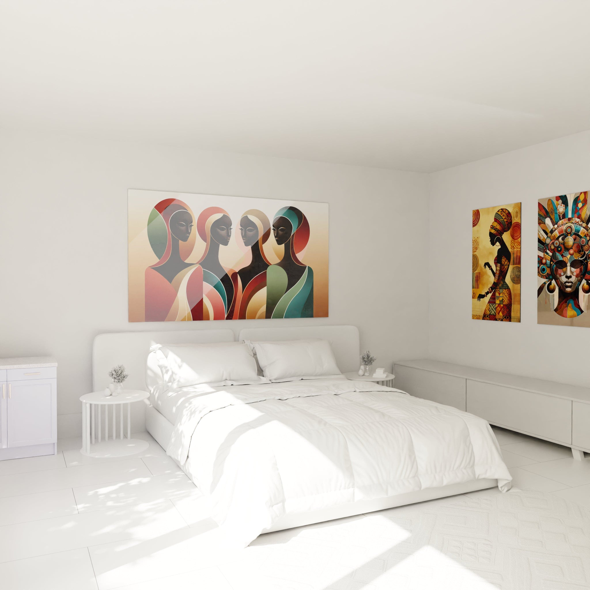 Accroché au-dessus du lit dans une chambre, ce tableau africain apporte une ambiance apaisante. Les teintes chaudes et les silhouettes féminines créent une atmosphère de sérénité et de respect.

