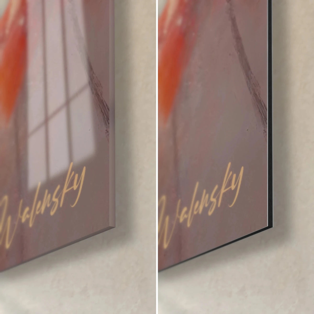 Tableau coquelicots en peinture, coin bas droit : verre brillant à gauche, Dibond mat à droite, rose poudré et signature dorée