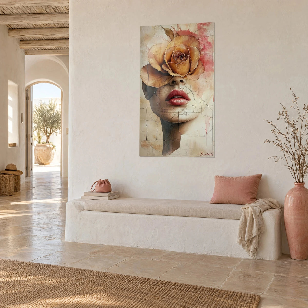 Wall art surreal portrait with a golden rose over the eyes, carmine lips, pink dabs, white wall of a Mediterranean house