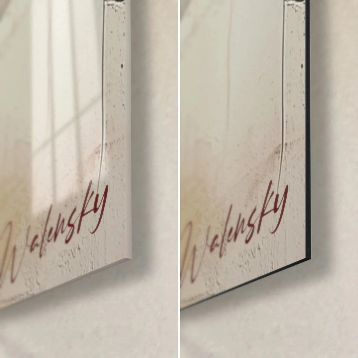 Wall art cracked face with an ochre rose, bottom right corner: glossy acrylic glass on the left, matte black Dibond on the right, red signature