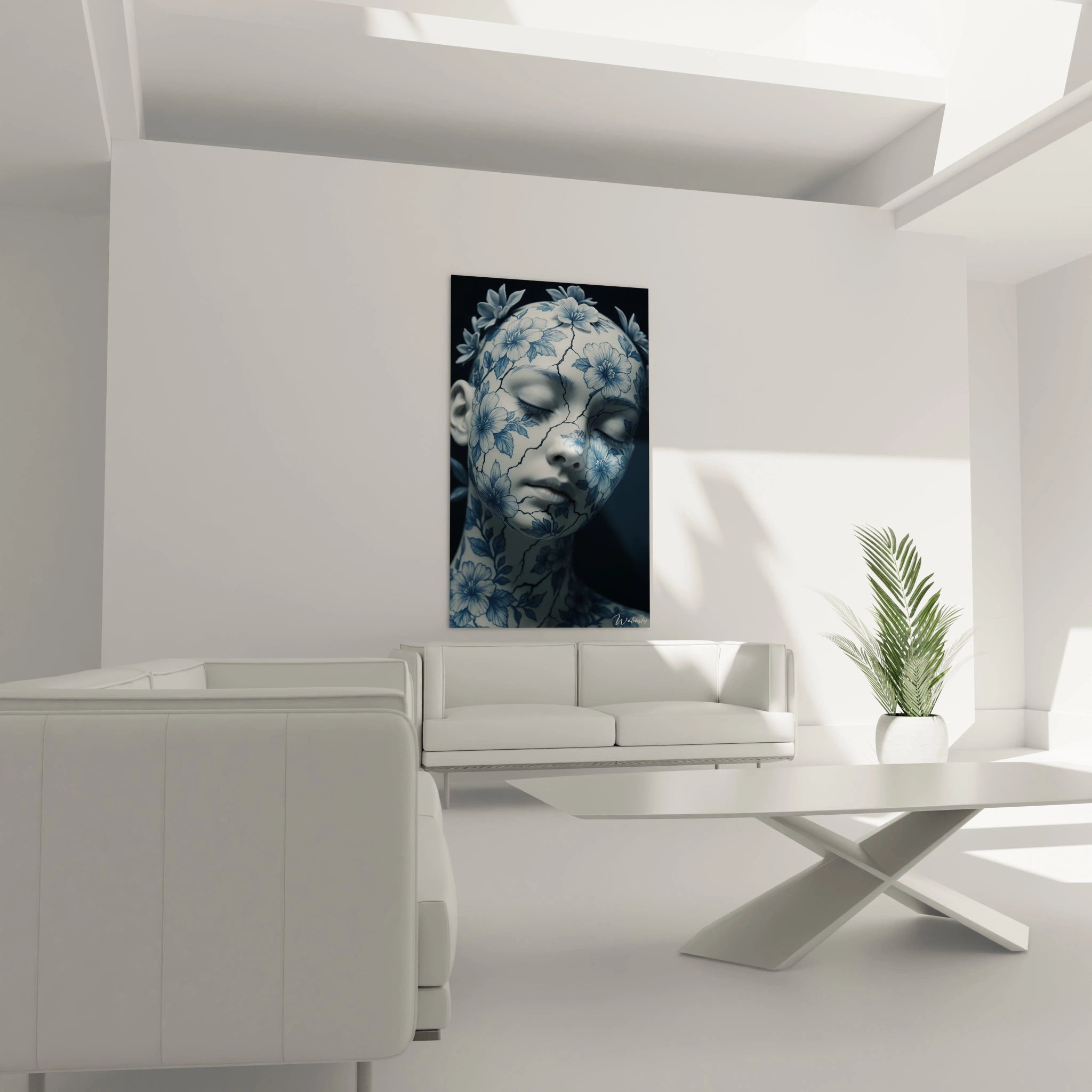 Un tableau porcelaine présentant un visage sculpté recouvert de délicats motifs floraux bleus sur fond blanc. Les fissures structurées parcourent la surface lisse comme de la céramique, créant un contraste entre la fragilité suggérée et la beauté florale dans une palette bleu et blanc.

