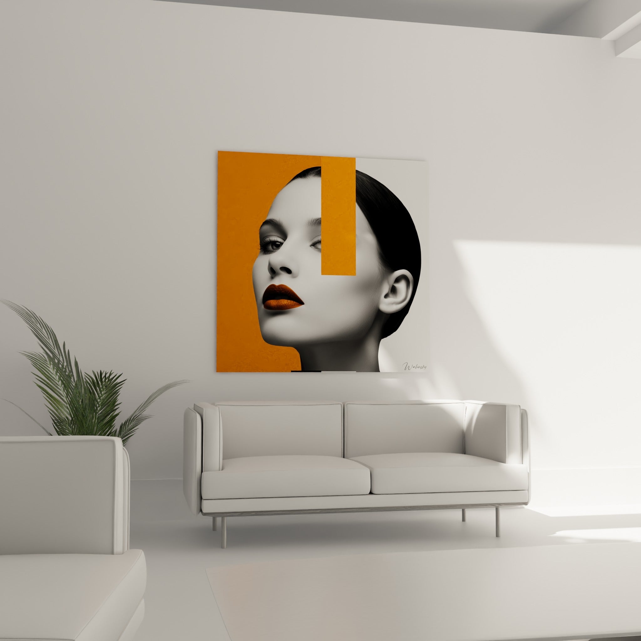 Femme au regard détourné, lèvres orange et fond bicolore, au-dessus d'un canapé dans un salon lumineux