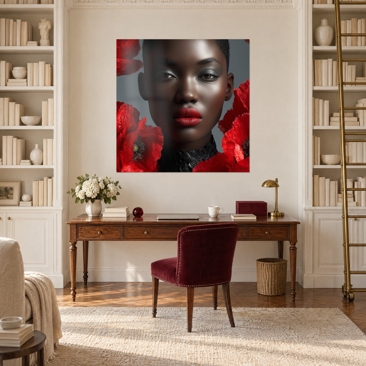 Cuadro belleza negra enmarcada por pétalos rojos y cuello de encaje negro, escritorio de madera, estanterías blancas de un salón estilo haussmanniano