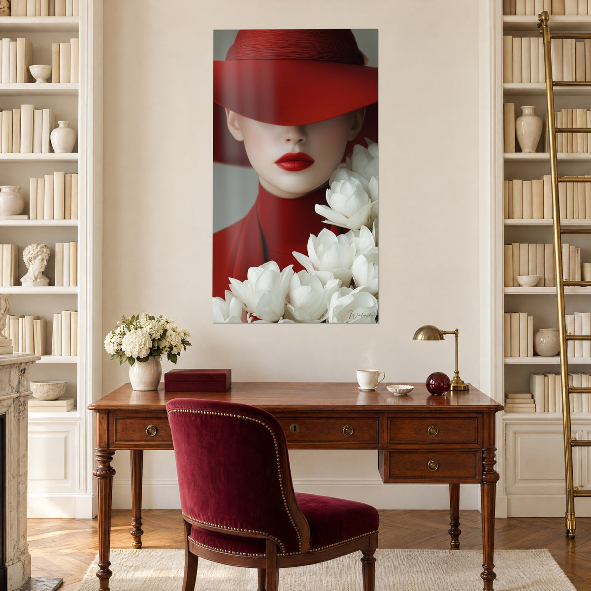 Quadro modella sotto un ampio cappellino viola, corolle bianche in primo piano, tra due librerie di uno studio
