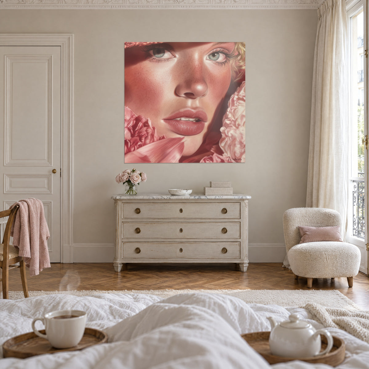 Cuadro joven rubia de mirada azul claro y labios brillantes, rodeada de peonías rosas, sobre una cama en un dormitorio luminoso