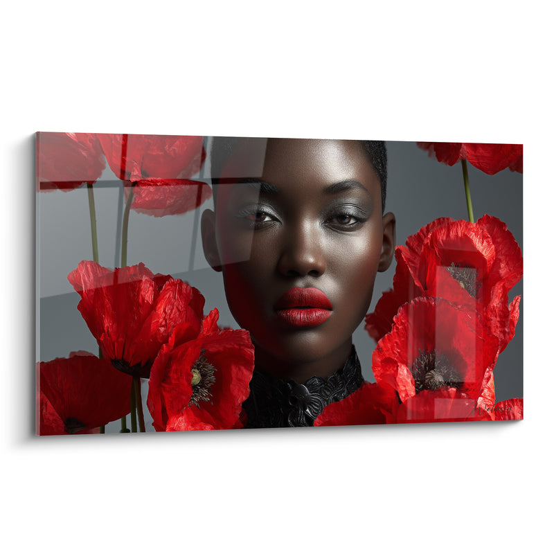 Tableau Coquelicots rouges peau noire fond gris col victorien - Regard perçant intense - Edition Beauté féminine