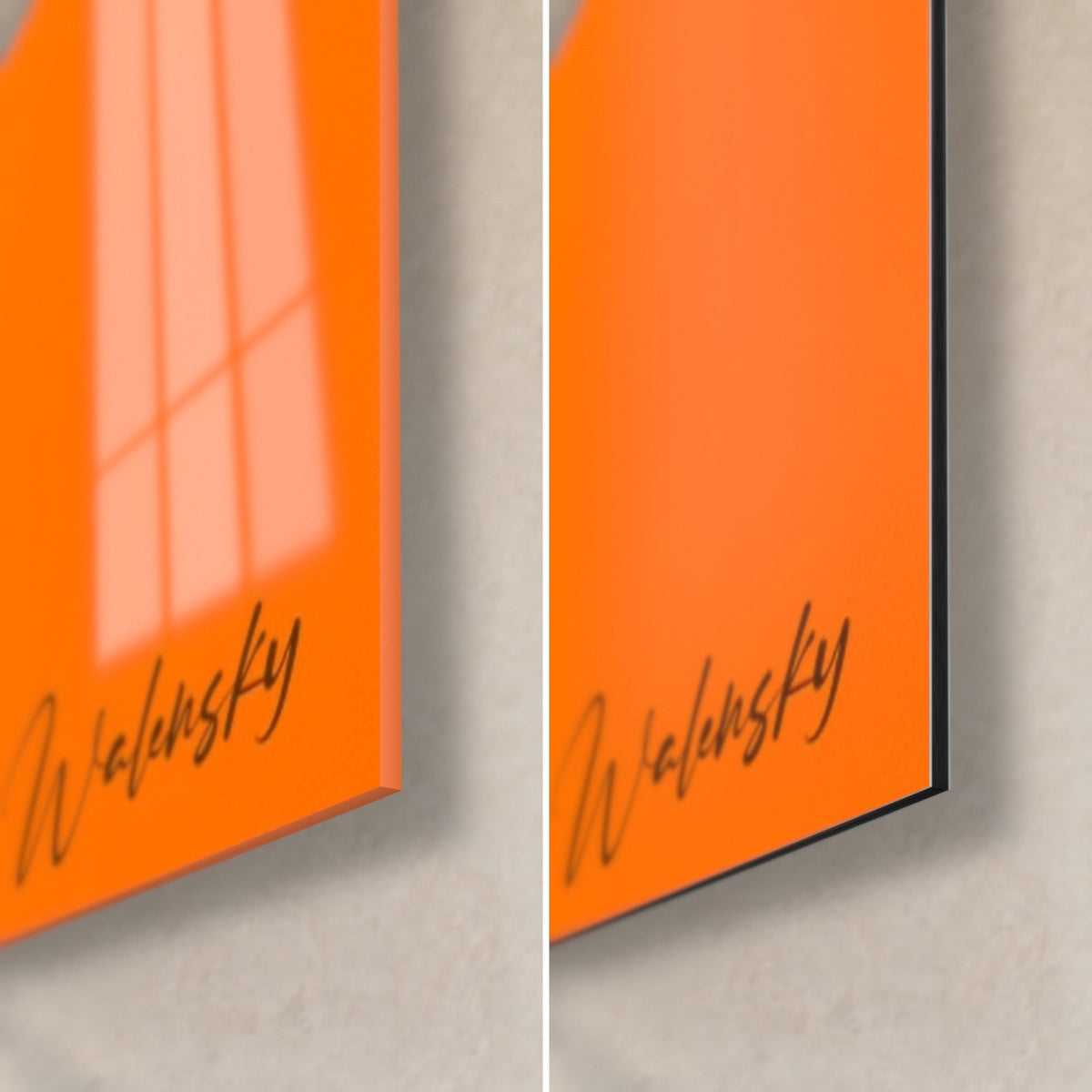 Wall art woman in ecstasy, vivid orange and deep blue, bottom right corner: glossy acrylic glass on the left, matte Dibond on the right