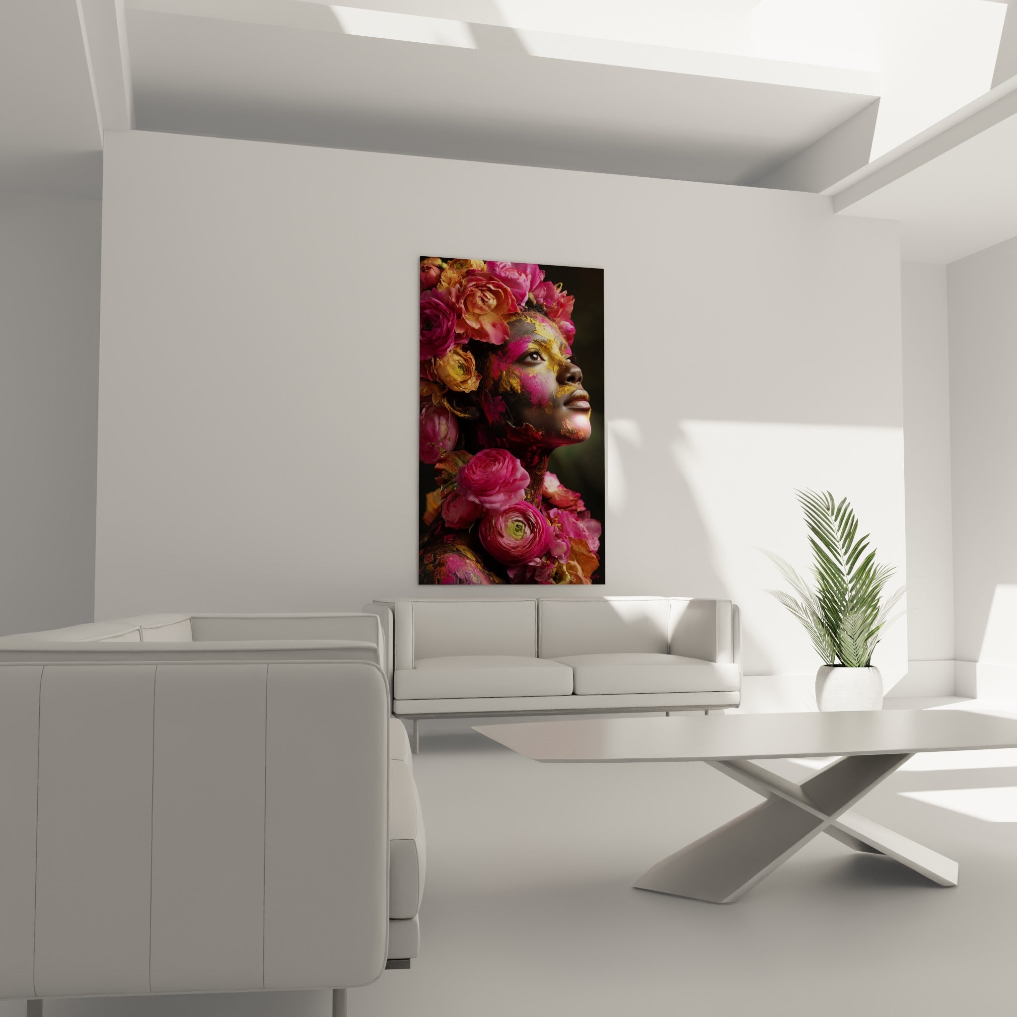 Portrait floral fuchsia et or d'une femme, disposé au-dessus d'un canapé dans un salon lumineux