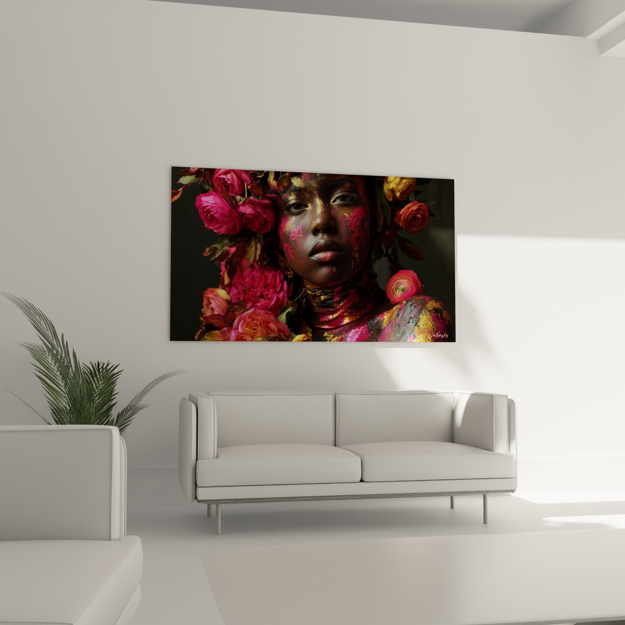 Femme parée d'or et de roses fuchsia au-dessus d'un canapé dans un salon lumineux