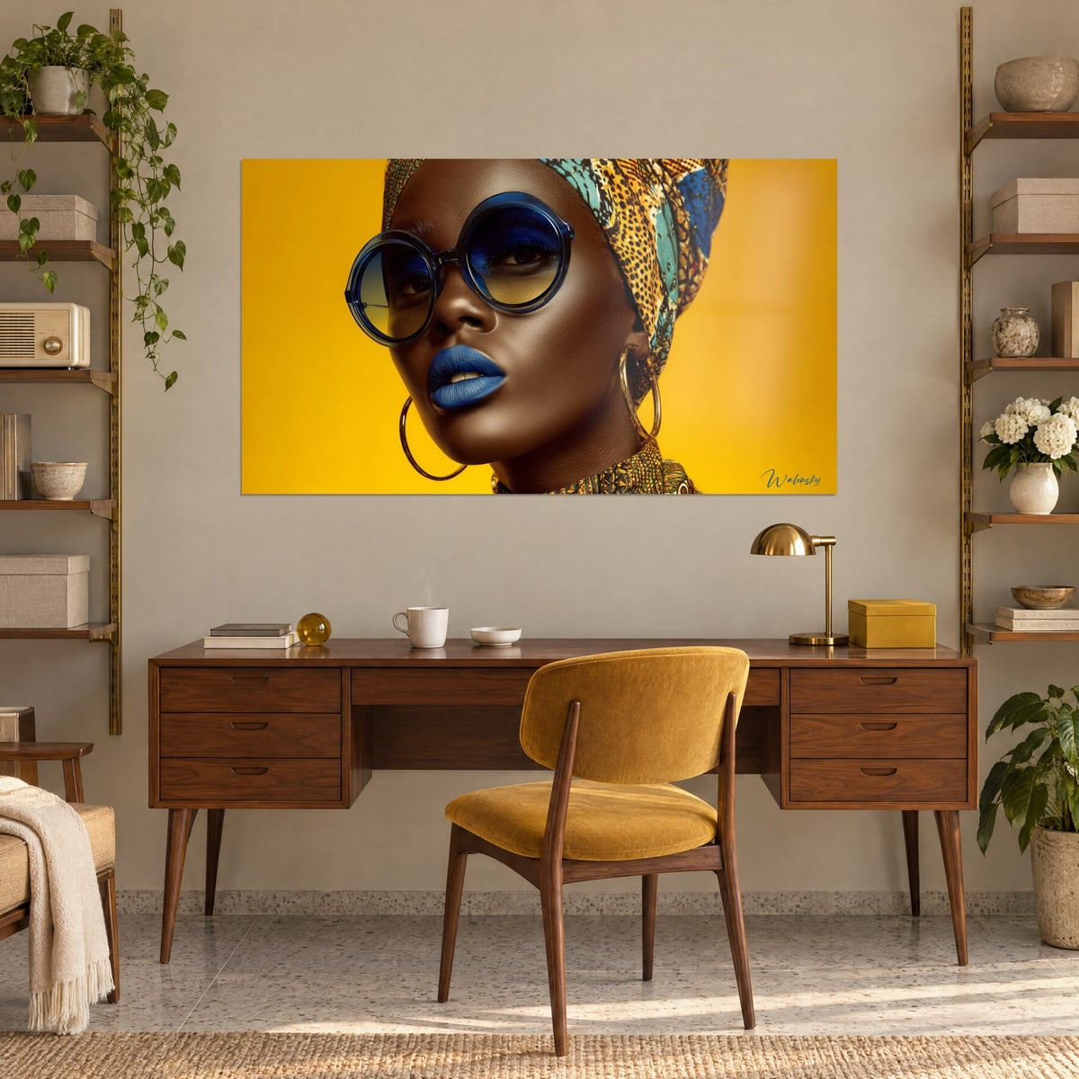 Gemälde Blick verborgen hinter runden nachtblauen Gläsern, ockerfarbener und blauer Turban, gelber Hintergrund, über einem Holzschreibtisch