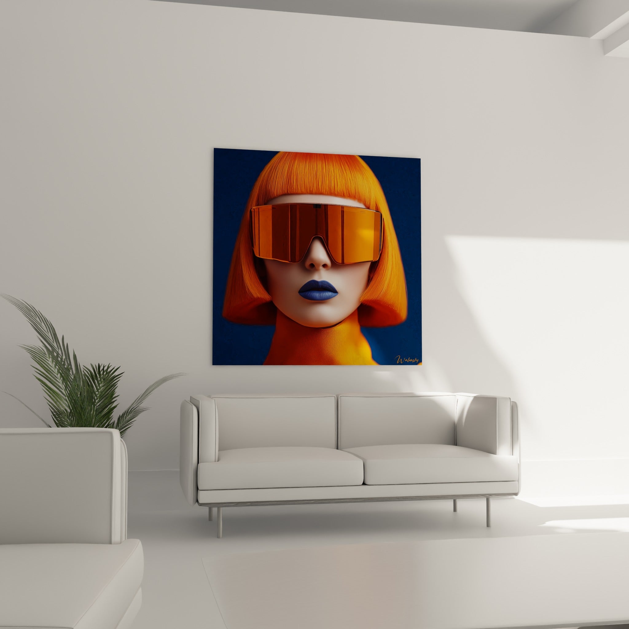 Lèvres bleu marine et coupe orange structurée composent ce portrait au-dessus d'un canapé dans un salon lumineux