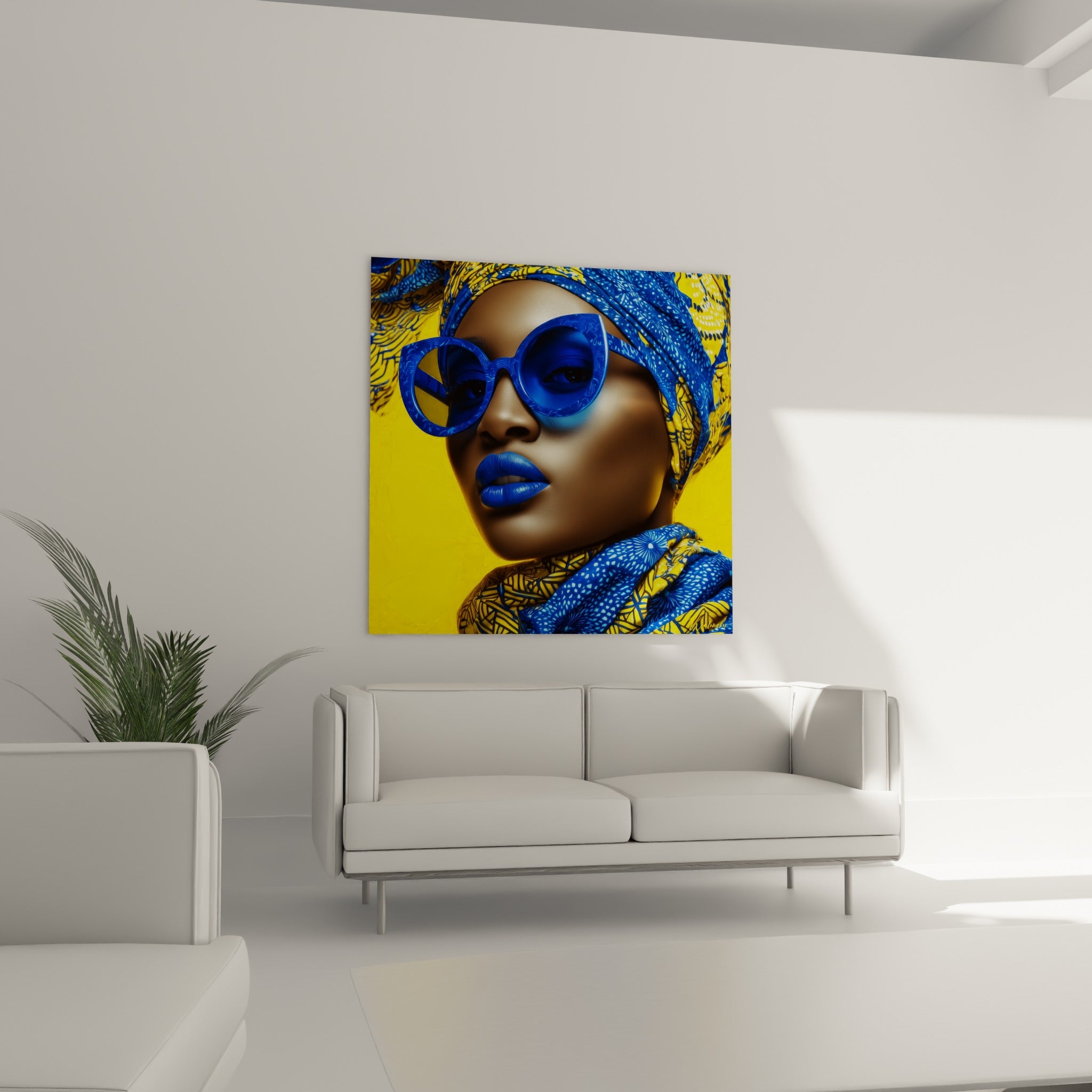 Visage stylisé au turban imprimé bleu et jaune, placé au-dessus d'un canapé dans un salon lumineux