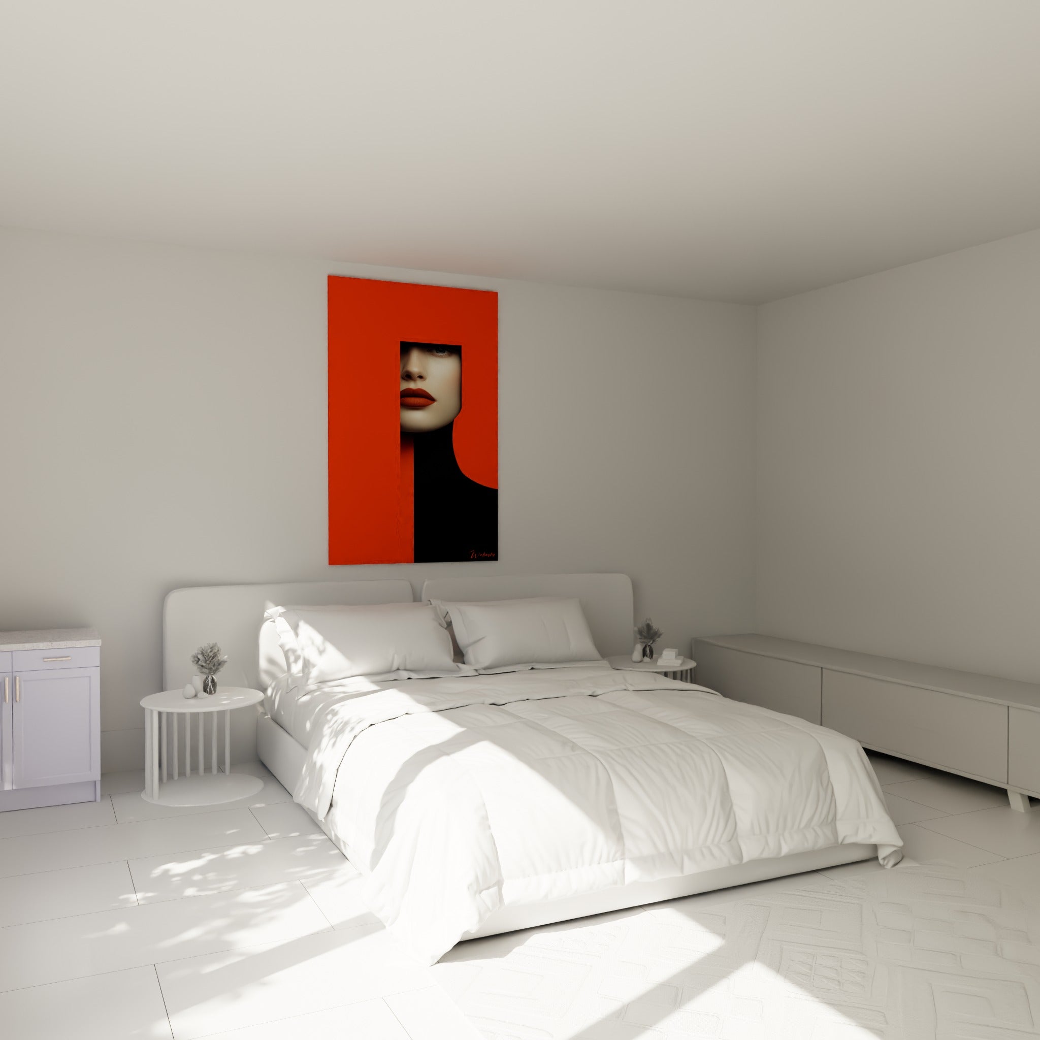 Portrait orange et noir aux lèvres rouge brique accroché au-dessus d'un lit dans une chambre claire