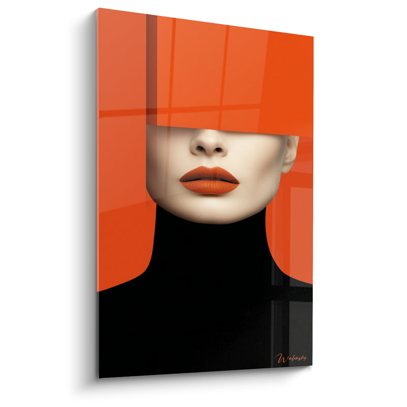 Gemälde Weibliches Gesicht orange und schwarz minimalistisch - Bestimmtes Geheimnis - Edition Weibliche Schönheit