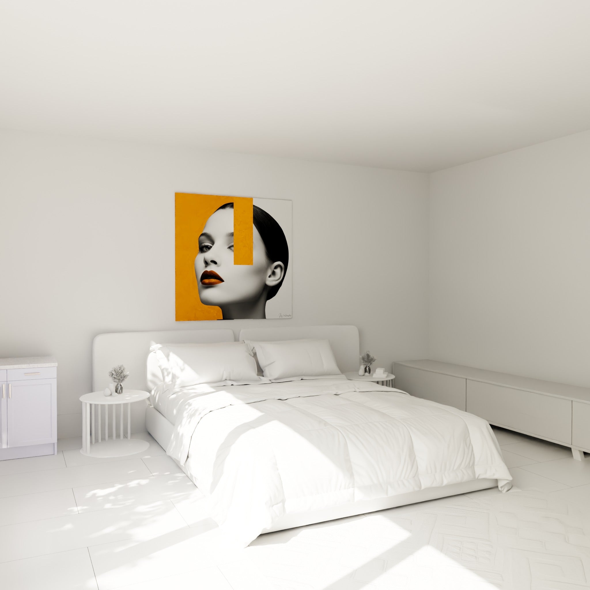 Portrait graphique orange et noir accroché au-dessus d'un lit dans une chambre claire