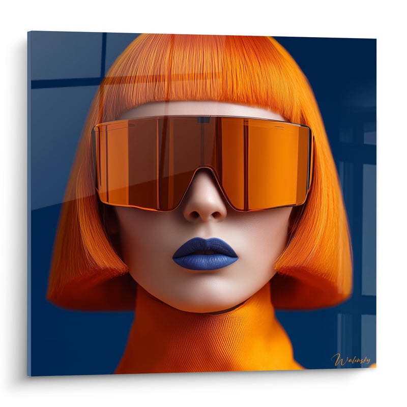 Tableau Portrait orange lunettes futuristes bleu marine - Icône futuriste - Edition Beauté féminine
