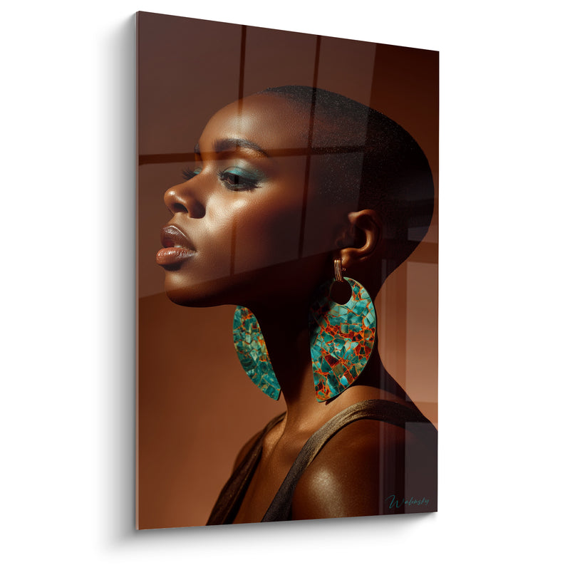 Tableau Femme au crâne rasé et boucles turquoise - Éclat silencieux - Edition Beauté féminine