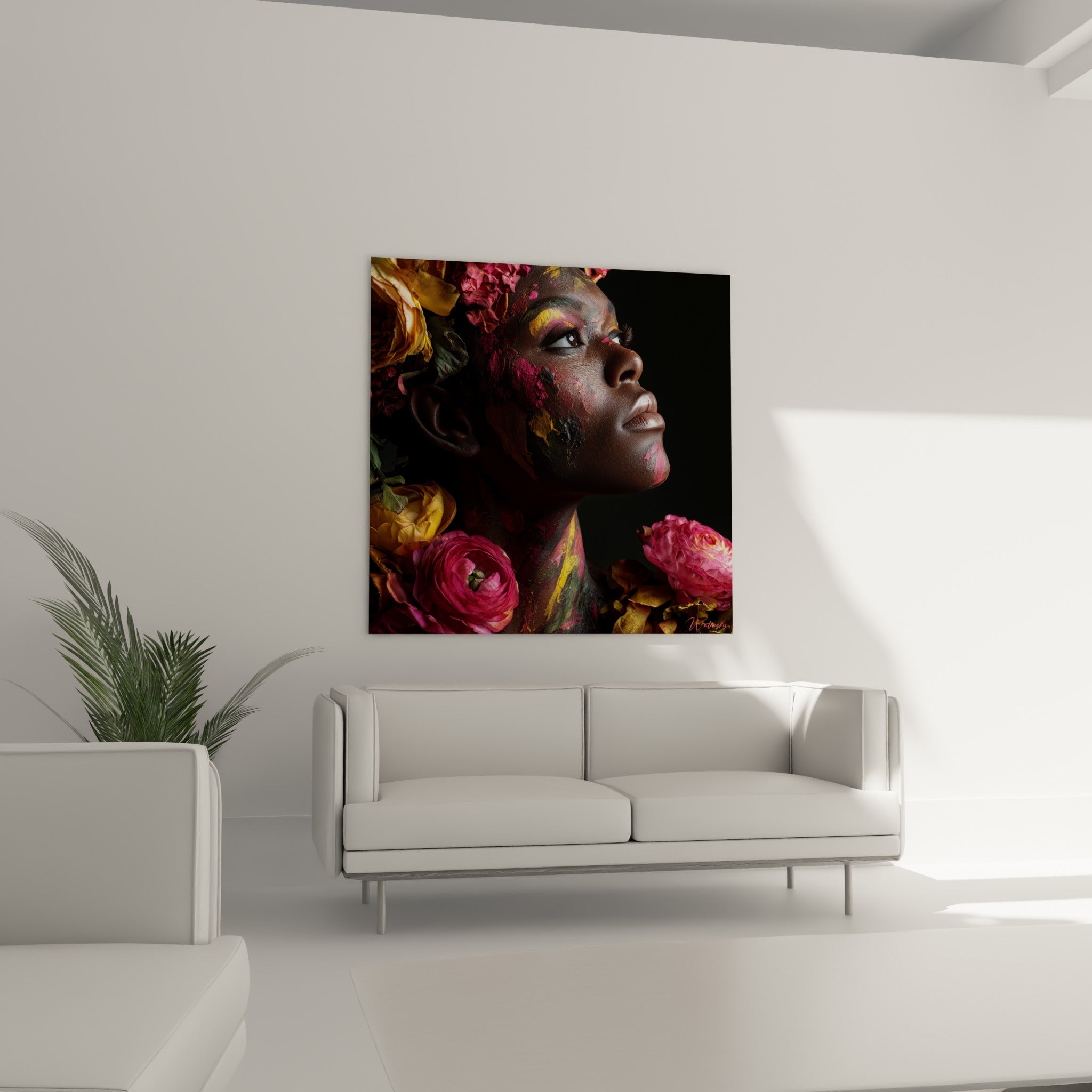 Profil peint aux tons jaunes et roses installé au-dessus d'un canapé dans un salon lumineux