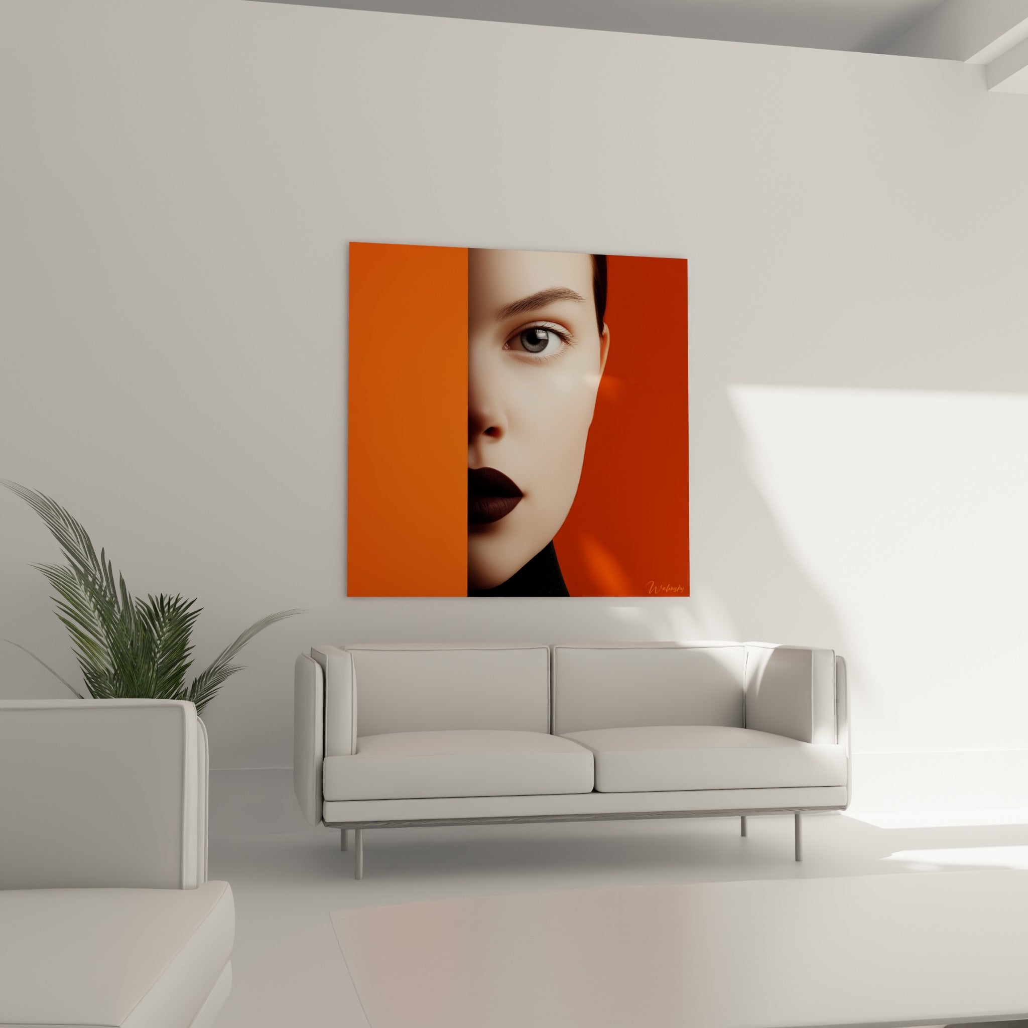 Regard gris intense et bouche bordeaux sur fond orange, au-dessus d'un canapé dans un salon lumineux