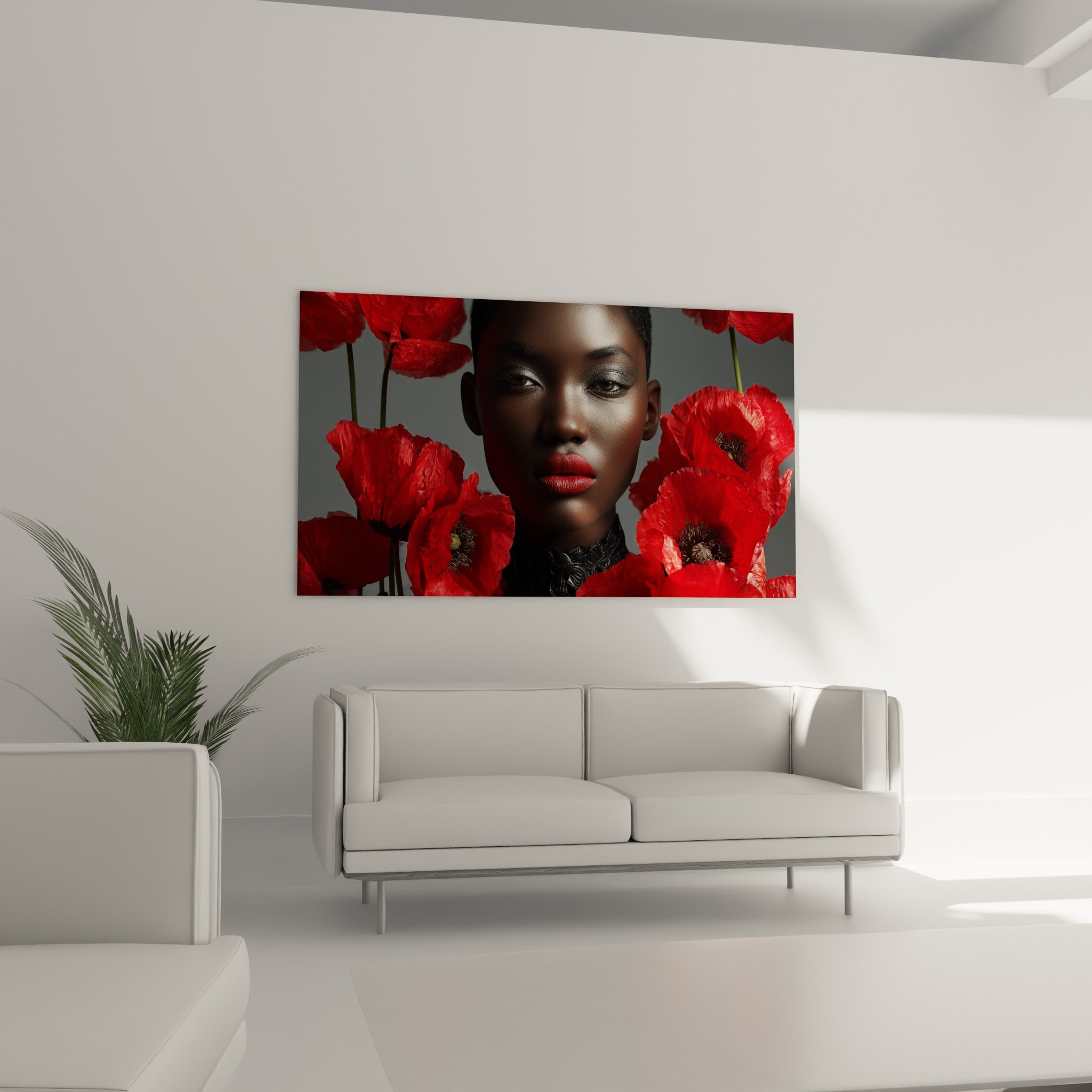 Portrait aux fleurs écarlates et fond anthracite disposé au-dessus d'un canapé dans un salon lumineux