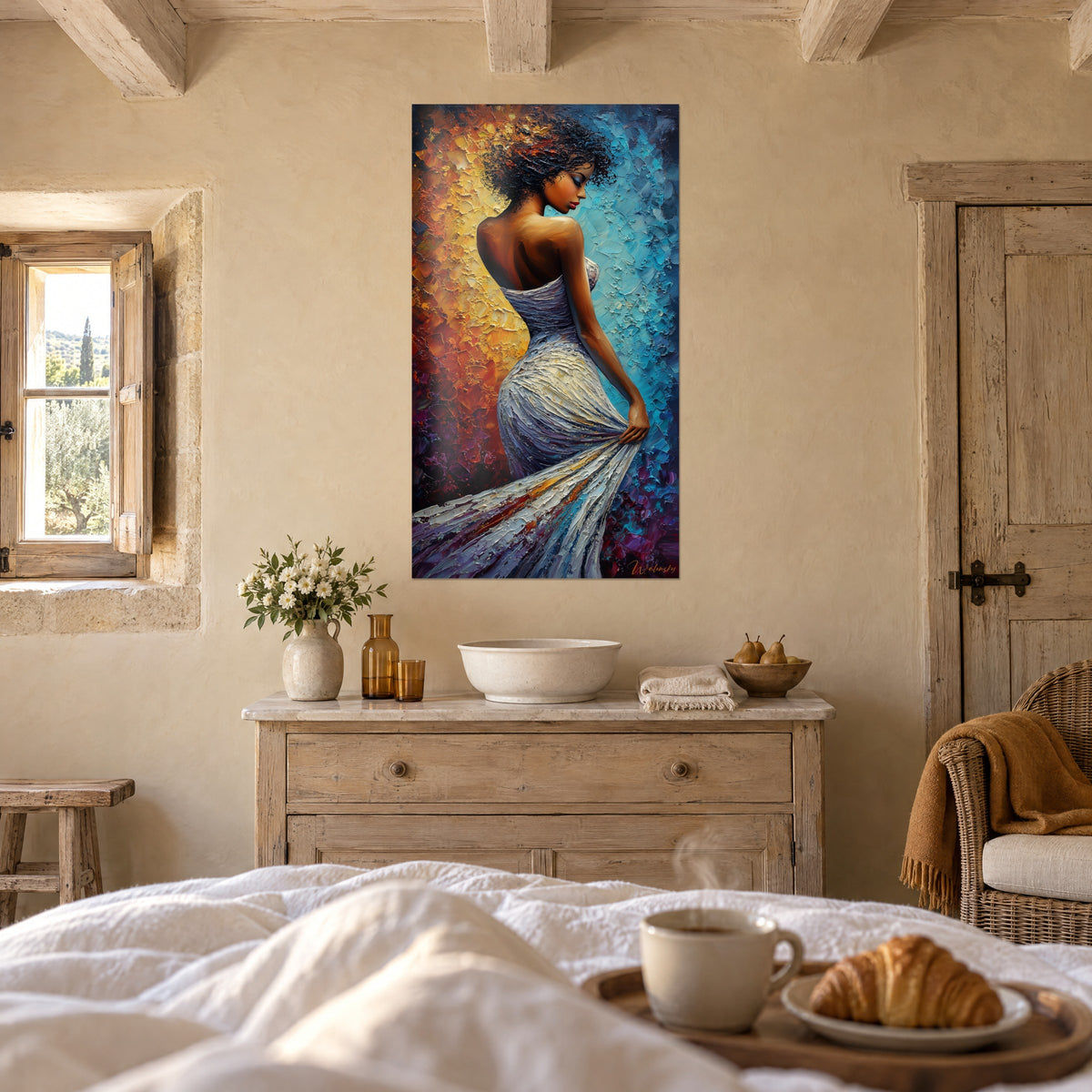 Cuadro de una belleza con un vestido de seda marfil de pintura gruesa, tonos naranjas y azur, sobre una cama en un dormitorio luminoso