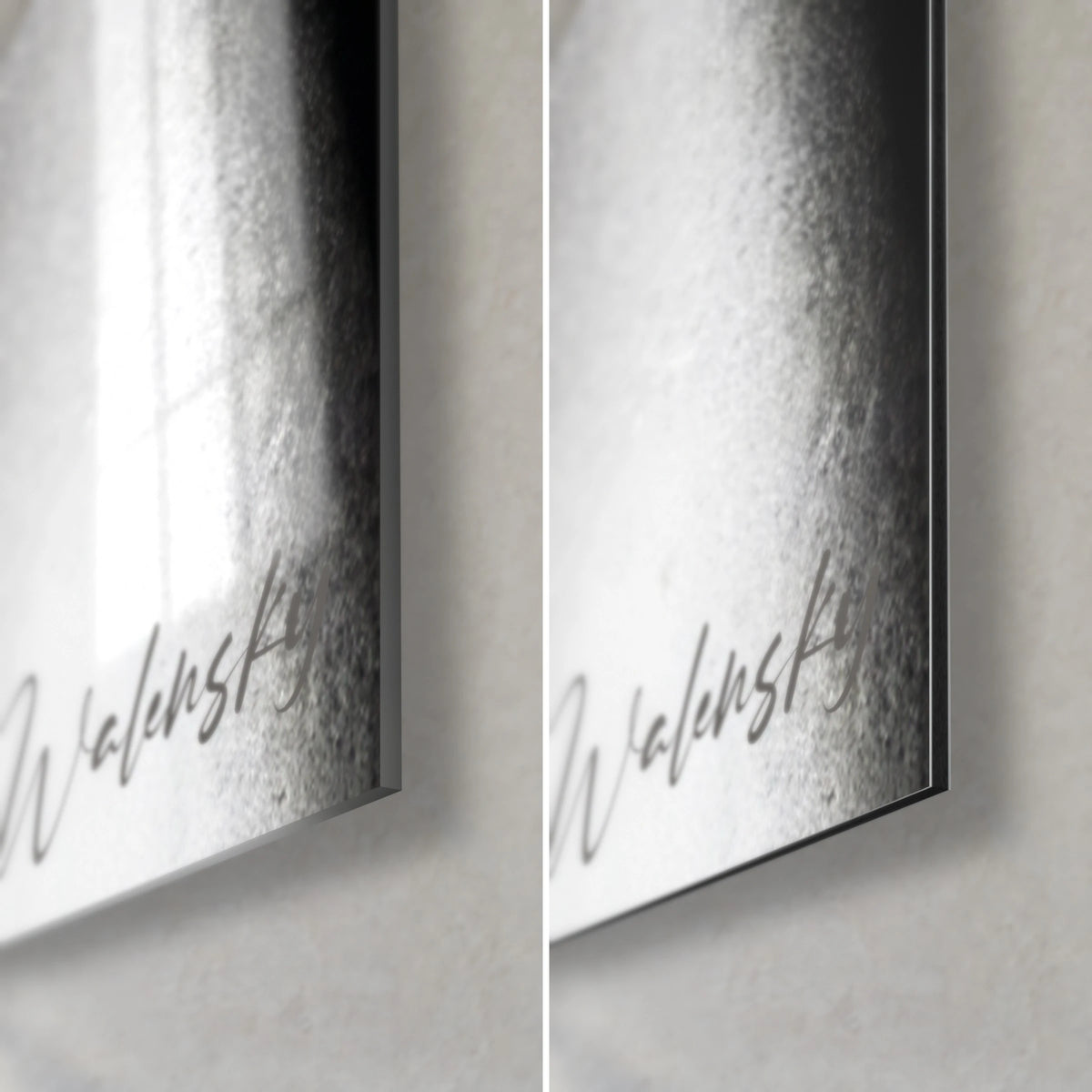 Wall art monochrome woman's face, 3 mm black edge, glossy acrylic glass on the left and matte grey Dibond aluminium on the right