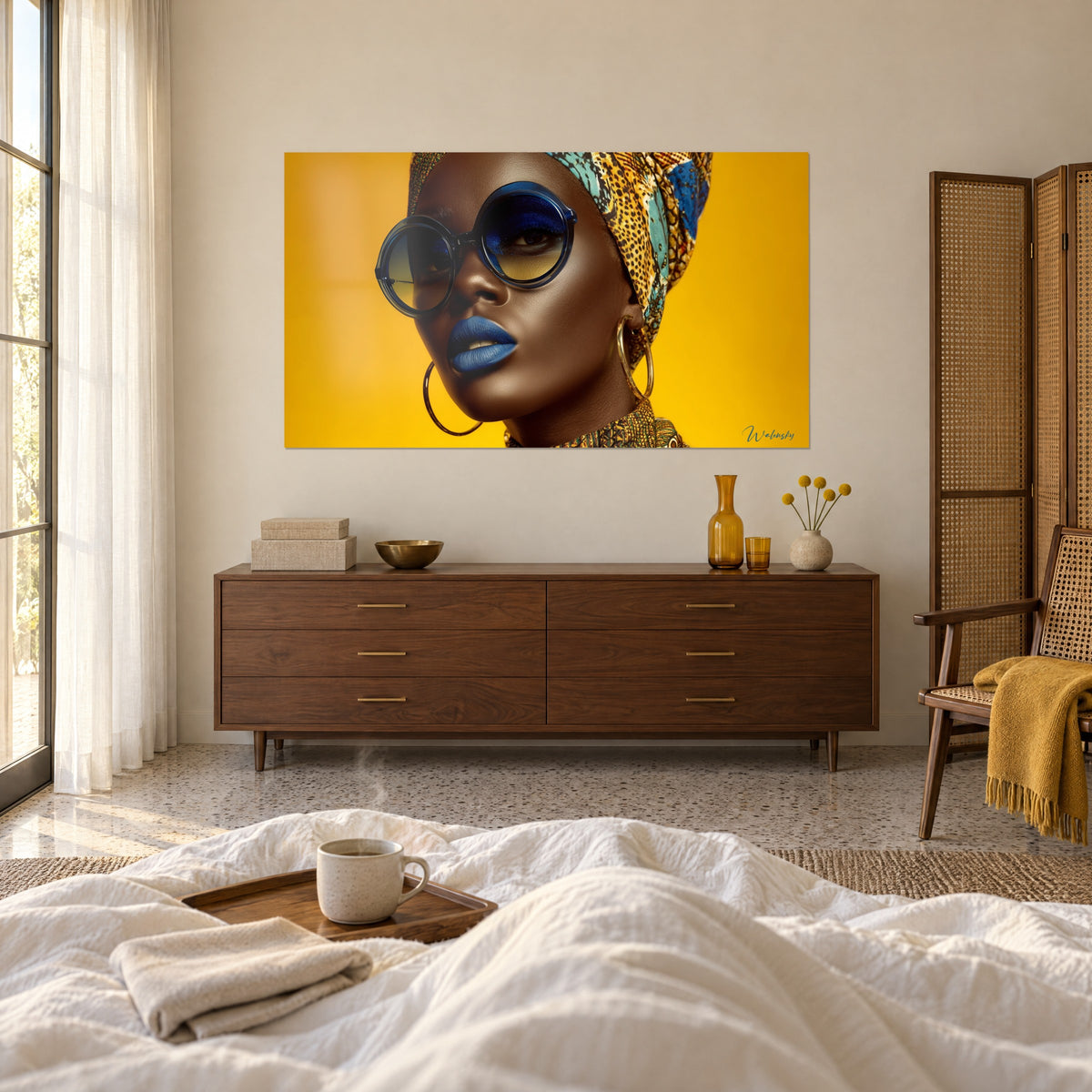 Gemälde Schönheit mit türkis-goldenem Turban, königsblauen Lippen auf sonnengelbem Hintergrund, über einem Bett in einem hellen Schlafzimmer