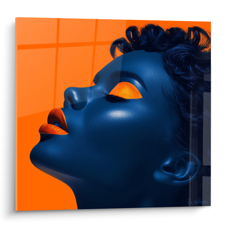 Tableau Visage bleu profil sur fond orange - Souffle suspendu - Edition Beauté féminine