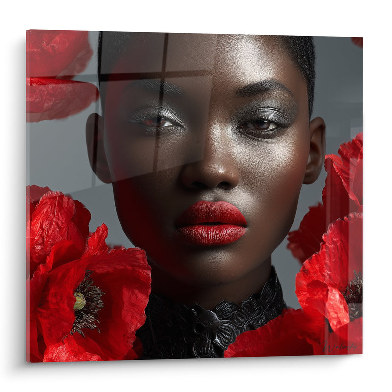 Tableau Portrait féminin aux coquelicots rouges éclatants - Regard captivant - Edition Beauté féminine
