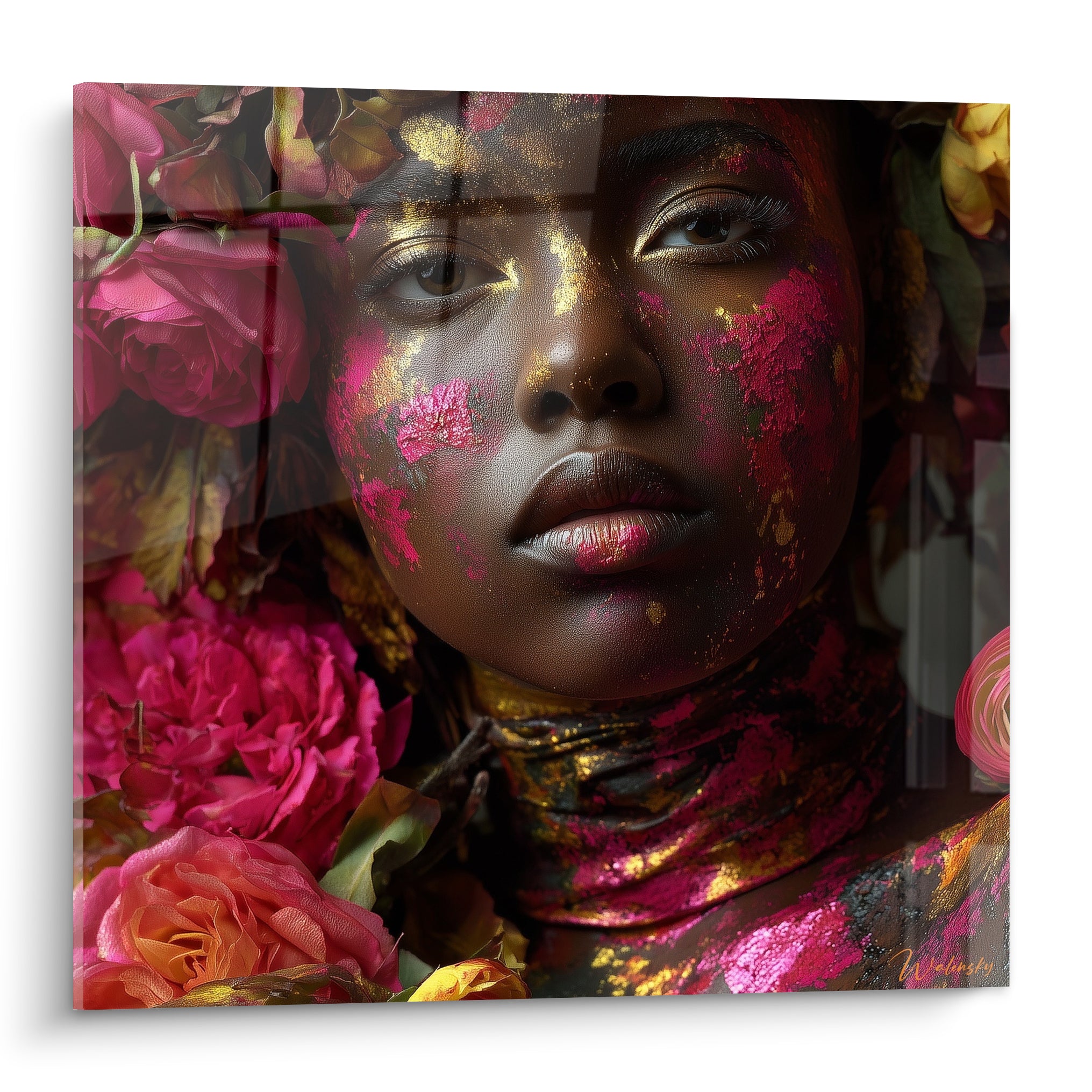 Visage féminin anthracite orné de roses fuchsia et d'éclats dorés, regard intense et fixe