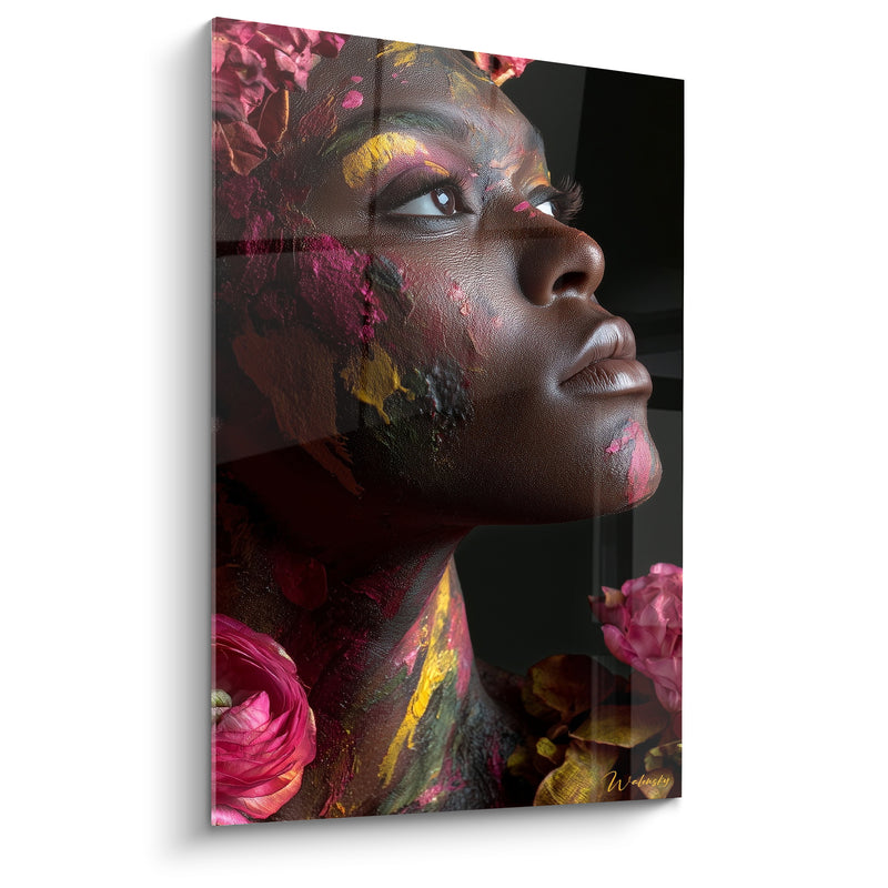 Tableau Portrait floral peau ébène et rose fuchsia - Éveil des sens - Edition Beauté féminine