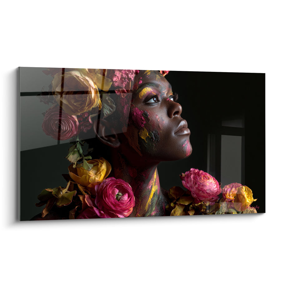 Tableau Visage peint rose et jaune renversé vers le ciel - Peau ébène profil - Edition Beauté féminine