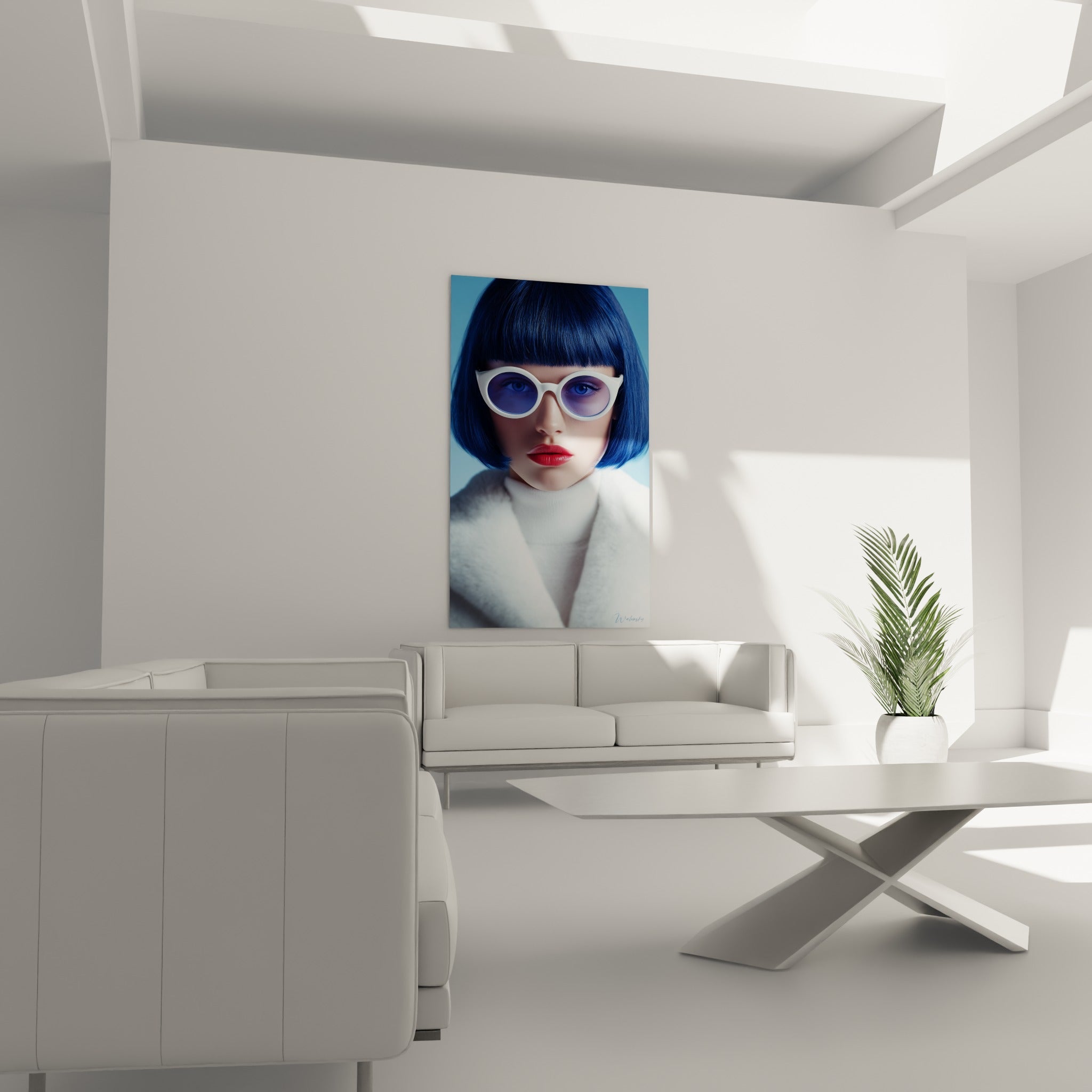 Portrait bleu et blanc aux lèvres rouge vif suspendu au-dessus d'un canapé dans un salon lumineux