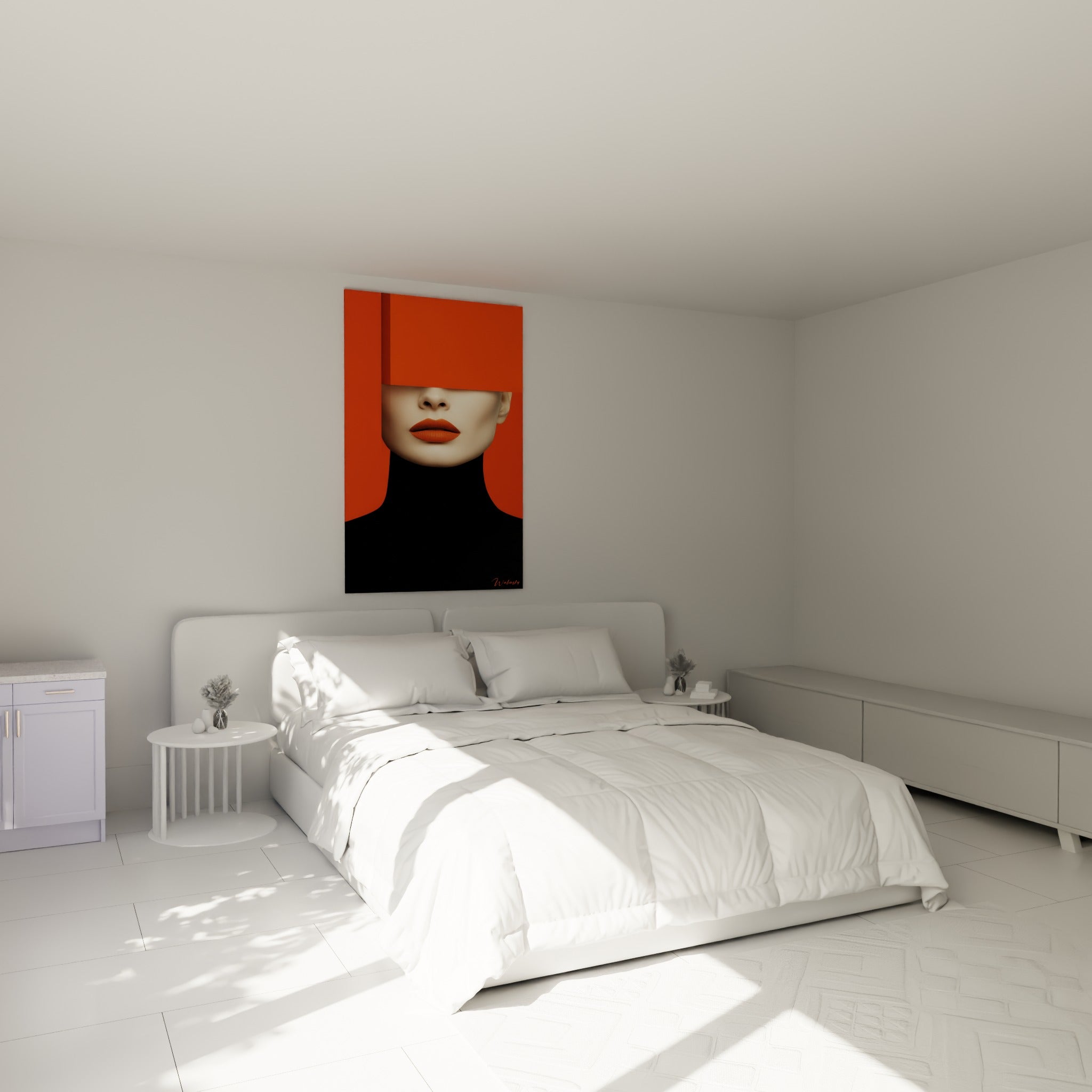Bouche terracotta et col noir se détachent au-dessus d'un lit dans une chambre claire
