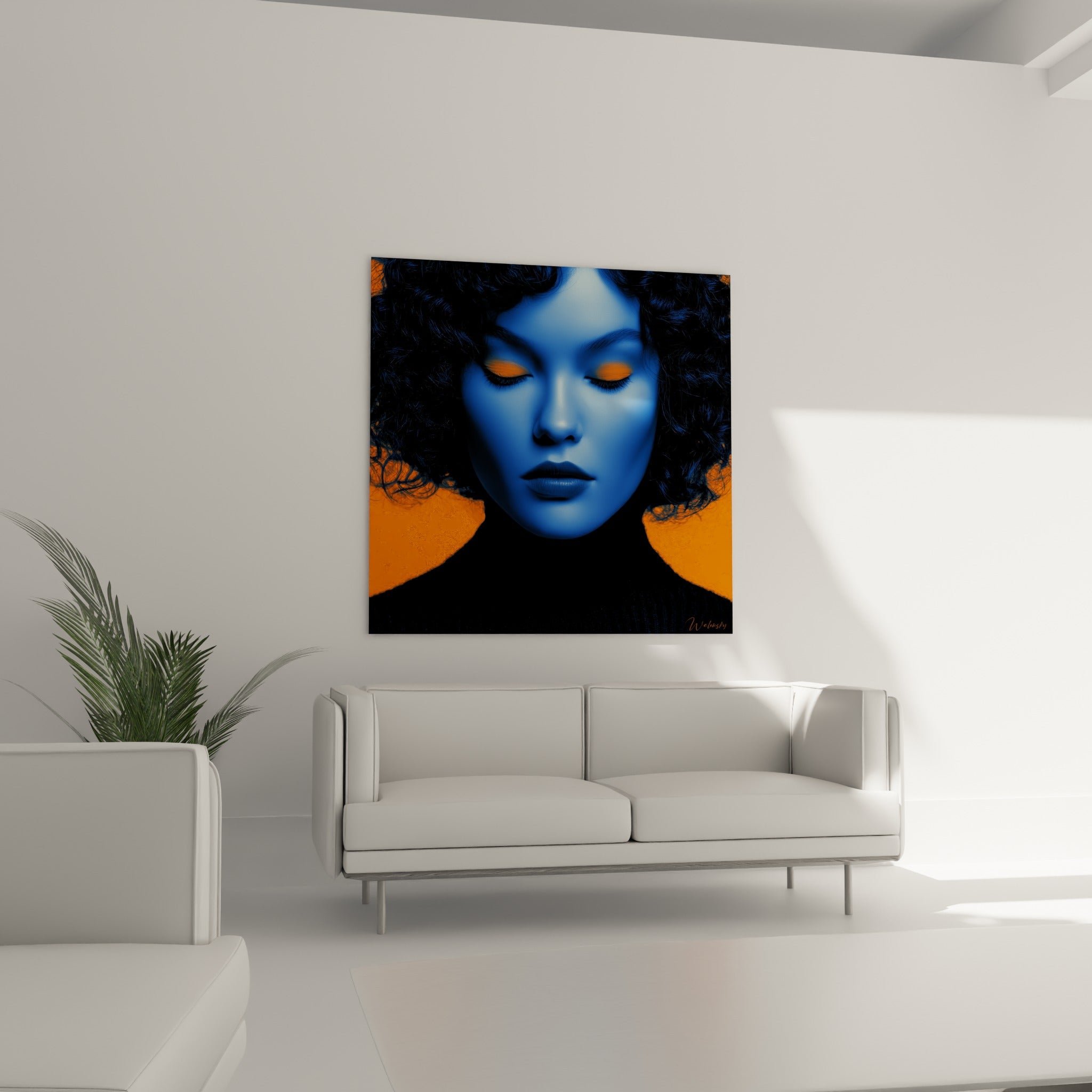 Visage numérique bleu et orange aux yeux fermés, disposé au-dessus d'un canapé dans un salon lumineux