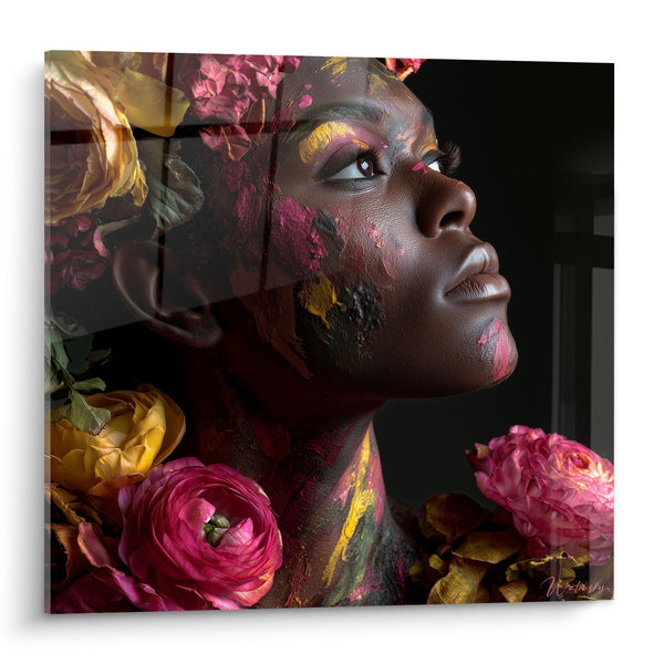 Painted Face Artwork Surrounded by Pink and Yellow Roses - Floral Awakening - Beauty Edition