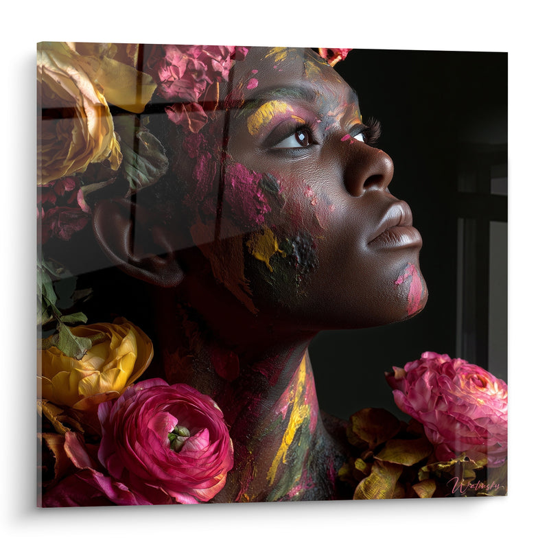 Tableau Visage peint entouré de roses roses et jaunes - Éveil floral - Edition Beauté féminine