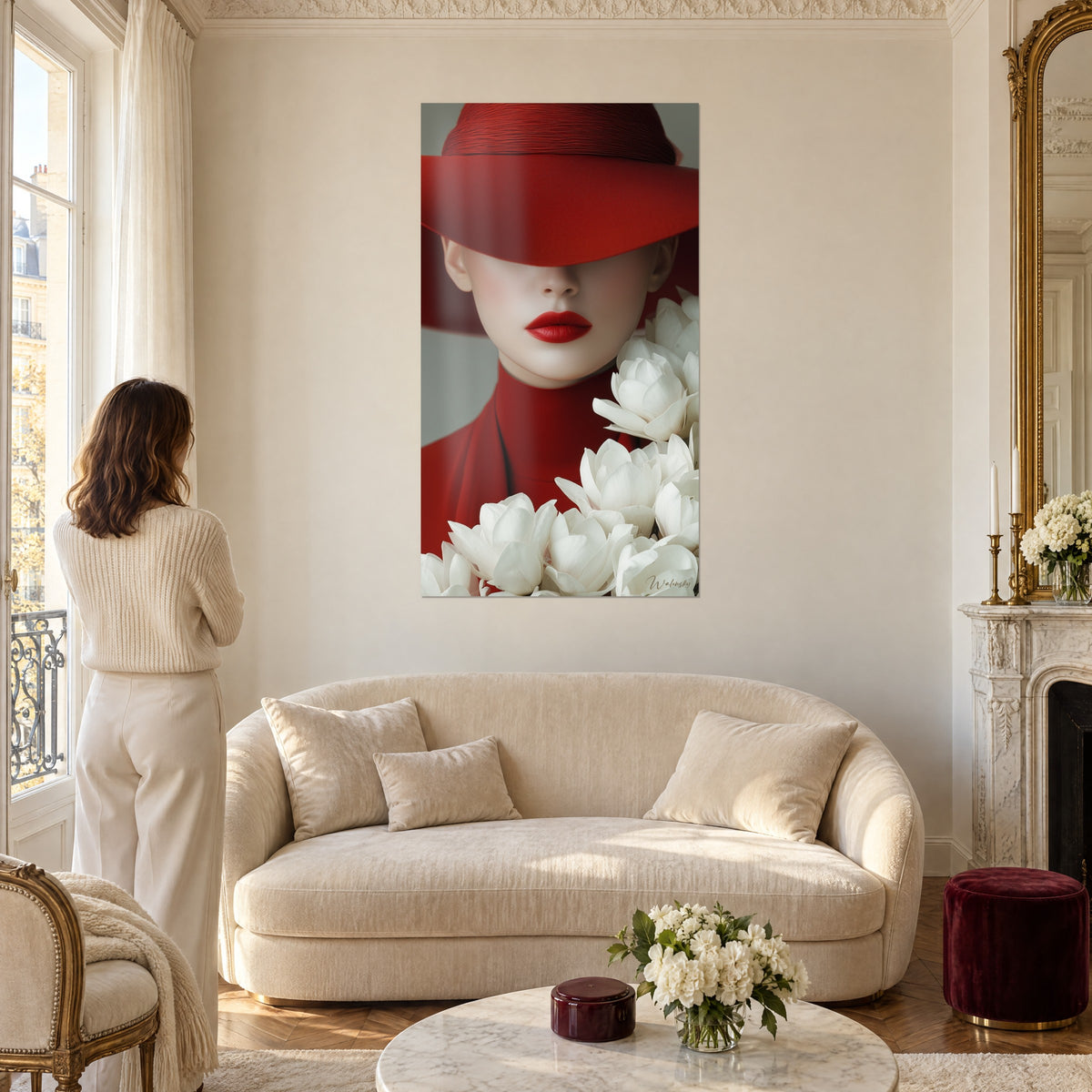 Quadro donna con ampio cappello rosso, labbra carminio e magnolie bianche, sopra un divano in un soggiorno luminoso
