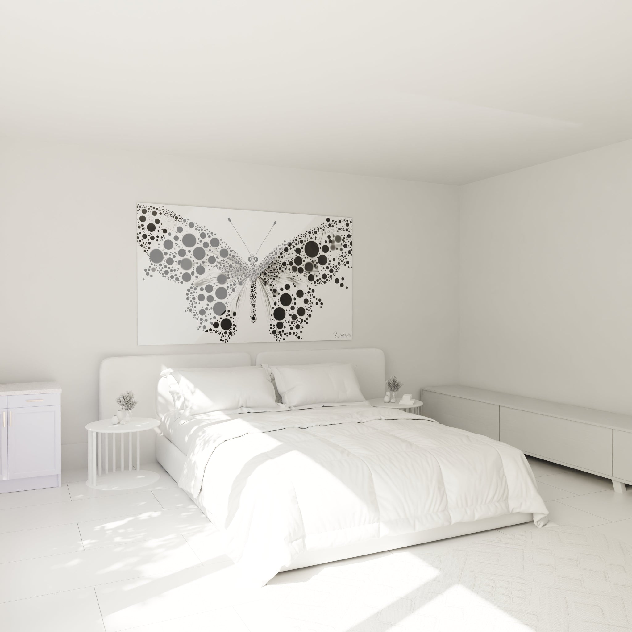 Tableau noir et blanc d'un papillon décoratif par Walensky, idéal pour la décoration intérieure moderne