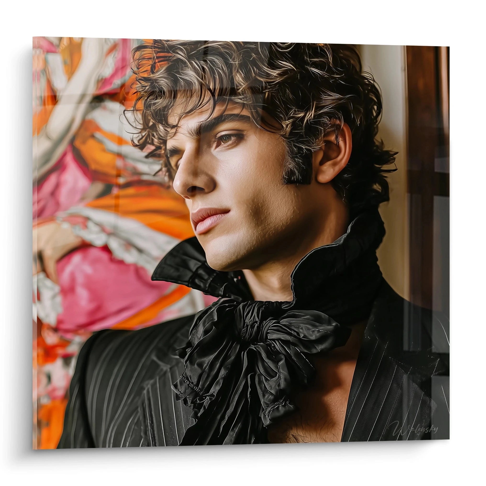 Tableau beauté homme en portrait avec un jeune homme au regard intense et au style élégant