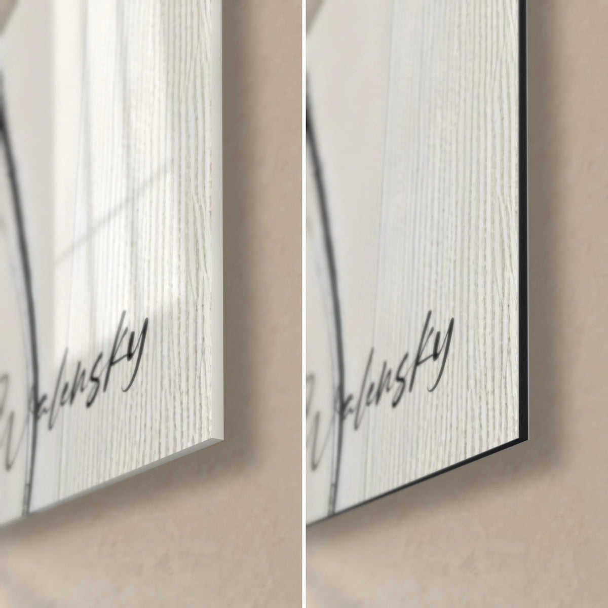 Tableau portrait aux lèvres écarlates, coin bas droit, signature Walensky noire, verre brillant à gauche, Dibond mat à droite